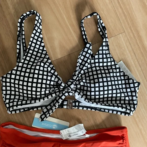 Cupshe Black and White Grid Bikini with Orange Bottoms - Picture 3 of 7